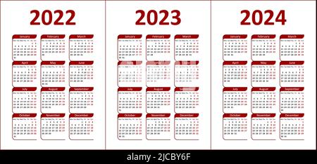 Kalender 2022, 2023 und 2024. Rote und schwarze Buchstaben und Figuren auf weißem Hintergrund. Die Woche beginnt am Montag. Stock Vektor