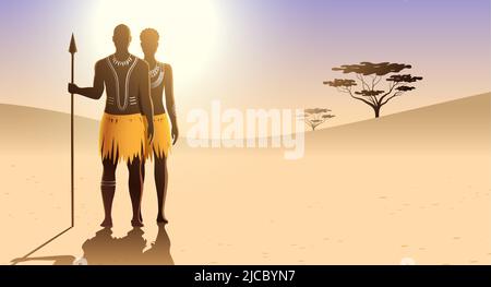 Afrikanischer Aborigine mit traditioneller Körperkunst und ethnischer Kleidung, die auf einem sonnigen sandigen Hintergrund stehen und einen Speer halten. Massai Stamm paar Vektor-Illustration. Stock Vektor