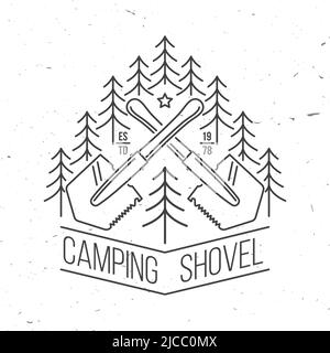 Campingschaufel. Outdoor-Abenteuer. Vektorgrafik. Konzept für Hemd oder Logo, Print, Stempel oder T-Shirt. Vintage Linie Kunst-Design mit Camper Schaufel und Stock Vektor