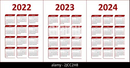 Kalender 2022, 2023 und 2024. Rote und schwarze Buchstaben und Figuren auf weißem Hintergrund. Die Woche beginnt am Sonntag. Stock Vektor