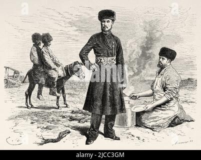 Ein tatarischer Führer ein usbekischer Koch und zwei Kara-Kalpakier in Samarkand, Usbekistan, Zentralasien. Von Orenburg nach Samarkand 1876-1878 von Madame Marie Ujfalvy-Bourdon, Le Tour du Monde 1879 Stockfoto