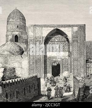 Das Tor der Shah-i-Zinda Nekropole und die Polizei der Ureinwohner, Samarkand. Usbekistan, Zentralasien. Von Orenburg nach Samarkand 1876-1878 von Madame Marie Ujfalvy-Bourdon, Le Tour du Monde 1879 Stockfoto