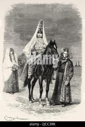 Eine junge kirgisische Braut, die auf einem Pferd reitet und in traditioneller Kleidung gekleidet ist. Usbekistan, Zentralasien. Von Orenburg nach Samarkand 1876-1878 von Madame Marie Ujfalvy-Bourdon, Le Tour du Monde 1879 Stockfoto