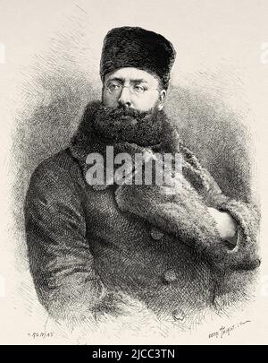 Károly Jenő Ujfalvy de Mezőkövesd (1842-1904) war ein österreichisch-ungarischer Linguist und ethnographischer Forscher Zentralasiens und des Himalaya. In seinem adoptierten Frankreich auch als Karl von Ujfalvy bekannt, reiste er nach Samarkand und Bokhara und leitete 1880 eine Expedition nach Kaschmir. Von Orenburg nach Samarkand 1876-1878 von Madame Marie Ujfalvy-Bourdon, Le Tour du Monde 1879 Stockfoto