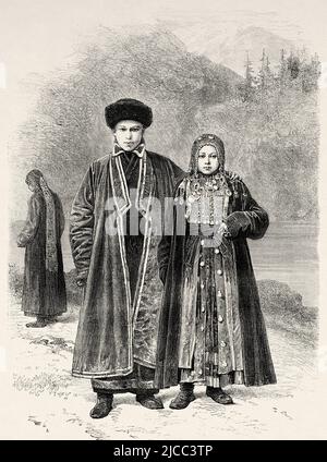 Junge Baschkiren im Uralgebirge, Südural, Russland. Von Orenburg nach Samarkand 1876-1878 von Madame Marie Ujfalvy-Bourdon, Le Tour du Monde 1879 Stockfoto