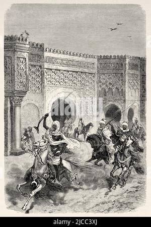 Marokkanische Soldaten zu Pferd vor dem Gouverneurspalast in Meknes, Marokko. Nordafrika. Marokko von Edmondo de Amicis 1875. Le Tour du Monde 1879 Stockfoto