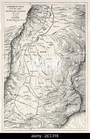 Von Cali nach Popayan. Departamento Cauca Valley . Kolumbien, Südamerika. Reiseroute Karte durch Äquinozialamerika 1875-1876 von Edward Francois Andre. Le Tour du Monde 1879 Stockfoto