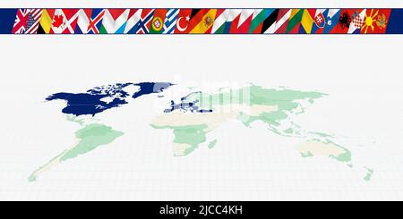 Weltkarte mit den Mitgliedern der Nordatlantischen Allianz. Eine Reihe von Flaggen der Allianzmitglieder mit flatternder Wirkung. Vektorgrafik Stock Vektor