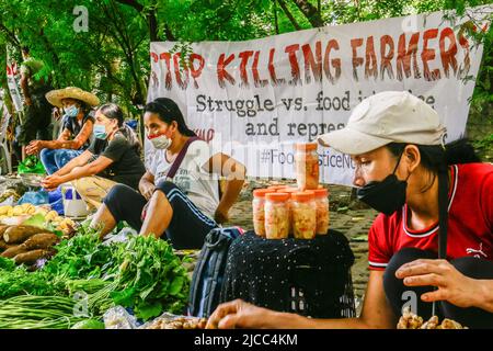 Quezon, Philippinen. 12.. Juni 2022. Lokale Bauern verkaufen ihre Ernte während der Proteste am Unabhängigkeitstag. Verschiedene Gruppen nehmen an einer Bewegung während der Feier des 124.. Jahres des philippinischen Unabhängigkeitstages Teil. Aktivisten und Menschenrechtsaktivisten veranstalteten eine Aktivität zum Unabhängigkeitstag, die sich auf den Zustand der Freiheit im Land konzentrierte und die Pressefreiheit, die wirtschaftliche Freiheit und die nationale Souveränität diskutierte, die vermutlich von der neuen Regierung von Ferdinand Marcos Jr. bedroht sein wird. Quelle: SOPA Images Limited/Alamy Live News Stockfoto