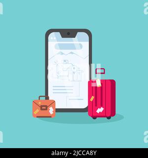 Ein Smartphone und Gepäck daneben. Konzept des Online-Kaufs von Tickets. Vektorgrafik. Stock Vektor