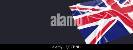 Britische Flagge auf schwarzem Hintergrund, Beschneidungspfad. Helle seidige 3D gerenderte Illustration. Nahaufnahme der winkenden Landesflagge. Nationales Symbol Des Vereinigten Königreichs Stockfoto