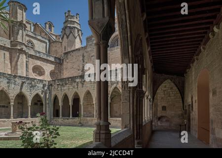 Katalanische gotische Kreuzgang Innenraum der Kathedrale Santa María de Tortosa aus dem 14.. Jahrhundert, Provinz Tarragona, Katalonien, Spanien, Europa Stockfoto