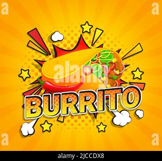 Burrito Flyer auf Sunburst Halbton Hintergrund. Stock Vektor