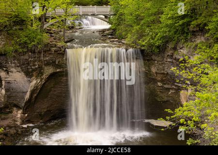 Minneopa Falls - Ein Wasserfall unter einer Fußgängerbrücke im Wald. Stockfoto