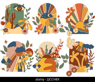 70s groovige Plakate, Retro Sonnenuntergang Hintergrund, Pilz, Blätter, Retro Blumen, Taube. Abstraktes Sunset-Poster. Vintage-Hippie-Style. Vektorgrafik Stock Vektor