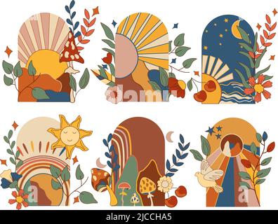 70s groovige Plakate, Retro Sonnenuntergang Hintergrund, Pilz, Blätter, Retro Blumen, Taube. Abstraktes Sunset-Poster. Vintage-Hippie-Style. Vektorgrafik Stock Vektor