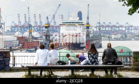 12. Juni 2022, Hamburg: Hamburger genießen bei schwüligen Sommerwetter den Blick vom Stintfang auf den Hafen und die Elbe. Foto: Markus Scholz/dpa Stockfoto