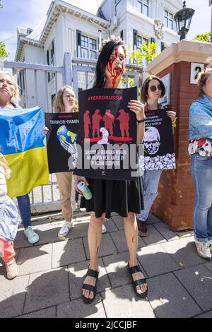 2022-06-12 13:22:07 DEN HAAG - Eine Gruppe von Demonstranten hat sich vor der russischen Botschaft in Den Haag versammelt. Die Demonstration vor der russischen Botschaft ist dem Russlandtag, dem Nationalfeiertag des Landes, gewidmet. Jedes Jahr am 12. Juni wird der Nationalfeiertag Russlands mit dem „Tag Russlands“, auch bekannt als „Tag der Annahme der Erklärung der Staatssouveränität“, gefeiert. ANP/Hollandse Hoogte/Laurens van Putten niederlande Out - belgien Out Stockfoto