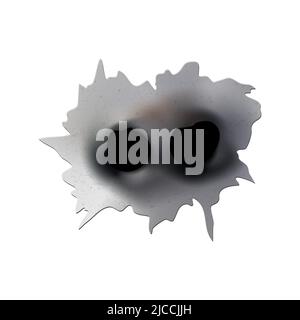 Einschusslöcher von Pistole oder Pistole. Schießen Sie in Metall Einzel-und Doppel-Loch. Beschädigungen und Risse an der Oberfläche. Vektor auf Hintergrund isoliert Stock Vektor