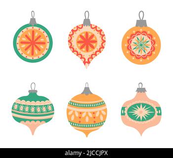 Weihnachtsbaum Spielzeug. Weihnachten Urlaub Cartoon Dekoration für Tannenbaum in verschiedenen Formen und Farben. Winter-Dekor für Neujahr Stock Vektor