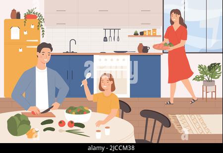 Gemeinsam kochen. Cartoon glücklich Eltern und Tochter machen Abendessen zusammen in der Küche. Vater und Kind schneiden Gemüse Stock Vektor