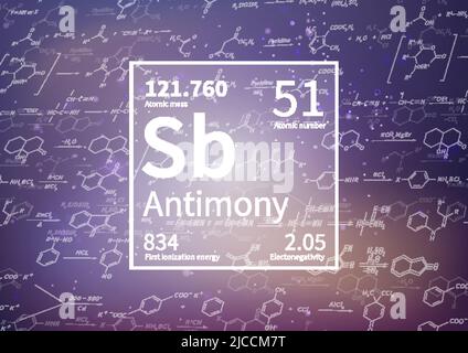 Antimonisches chemisches Element mit erster Ionisationsenergie, atomarer Masse und Elektronegativitätswerten auf wissenschaftlichem Hintergrund Stock Vektor