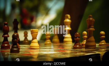Schach, Schachbrett und Holzschachfiguren in der Natur auf dem Campingplatz Stockfoto