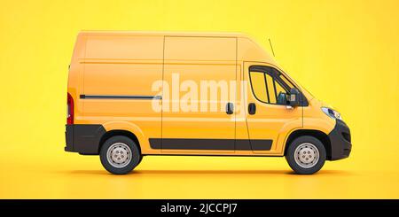Gelber Van auf gelbem Hintergrund. Express Delivery Flottenkonzept. Stockfoto