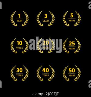 Jubiläumskranz. Goldene Lorbeer und Olivenzweig runden Rahmen dekorative Elemente für Jubiläum und Award feiern. Vector goldenes Siegel-Set Stock Vektor