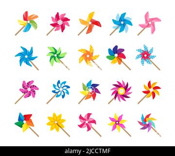 Cartoon Windmühle Spielzeug. Pinwheel Spinner niedlichen Sommer Baby Spielzeug Kollektion angetrieben durch Wind Brise. Vektor bunte Papier Origami Fan isolierte Sammlung Stock Vektor
