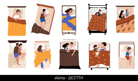 Menschen schlafen im Bett. Cartoon-Figuren liegen unter Decken, träumen und ruhen, verschiedene junge und Erwachsene Charaktere in verschiedenen Posen. Vektor Stock Vektor