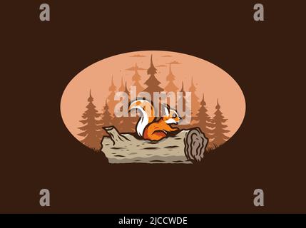 Einsames Eichhörnchen versteckt in einem toten Baumstamm Illustration Design Stock Vektor
