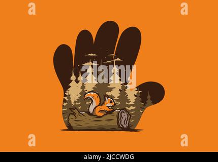 Einsames Eichhörnchen versteckt in einem toten Baumstamm Illustration Design Stock Vektor