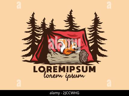 Einsames Eichhörnchen versteckt in einem toten Baumstamm Illustration Design Stock Vektor