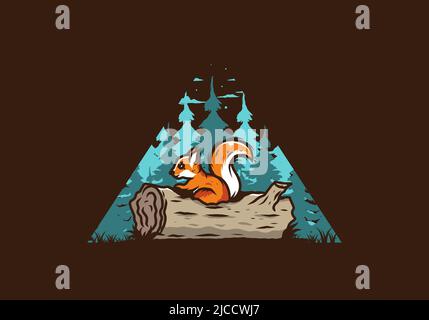 Einsames Eichhörnchen versteckt in einem toten Baumstamm Illustration Design Stock Vektor