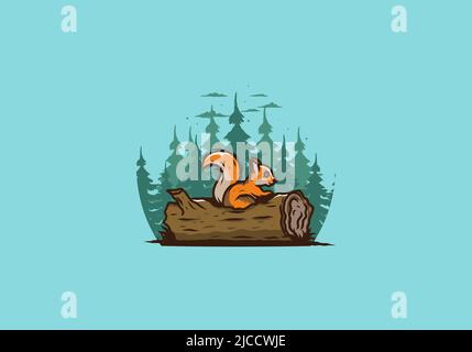 Einsames Eichhörnchen versteckt in einem toten Baumstamm Illustration Design Stock Vektor