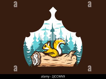 Einsames Eichhörnchen versteckt in einem toten Baumstamm Illustration Design Stock Vektor
