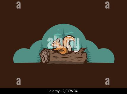 Einsames Eichhörnchen versteckt in einem toten Baumstamm Illustration Design Stock Vektor