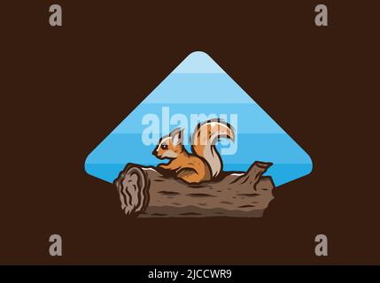 Einsames Eichhörnchen versteckt in einem toten Baumstamm Illustration Design Stock Vektor