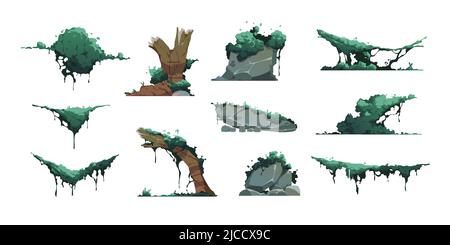 Cartoon-Moos. Sumpf grüne Flechten und Pilz auf alten Baumstämmen und Felsen, Spiel Asset Grafik-Vorlage. Vector Moor Pflanzen isoliert auf weiß Stock Vektor