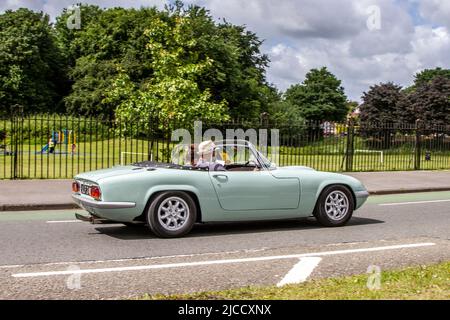 1968 Green 60s Sixties Lotus Elan; Automobile, die während des Jahres 58. der Manchester to Blackpool Touring Assembly für Veteran, Vintage, Classic und Cherished Cars vorgestellt wurden.UK Stockfoto