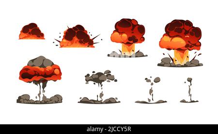 Explosionsanimation-Kit. Cartoon Bombe Detonation Comic-Effekt mit Feuer und Rauch, Energie Explosion und Feuerwerk explodieren Spiel Asset. Vektorexplosion Stock Vektor