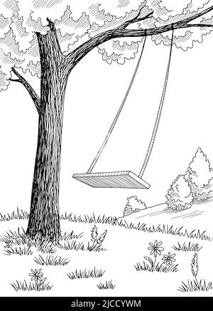 Baum Schaukel Grafik schwarz weiß Wald Lichtung Landschaft vertikale Skizze Illustration Vektor Stock Vektor