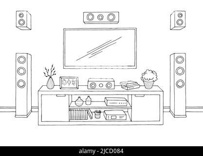 Wohnzimmer Grafik schwarz weiß Interieur Skizze Illustration Vektor Stock Vektor
