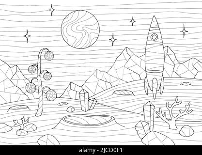 Alien Planet Färbung Rakete landete Grafik schwarz weiß Raum Landschaft Skizze Illustration Vektor Stock Vektor