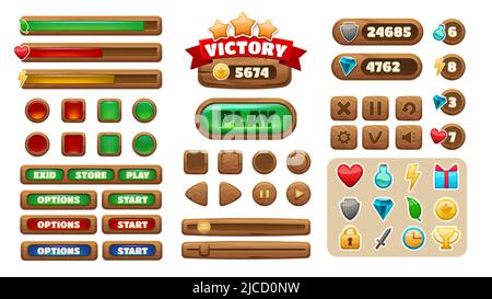 Cartoon-Spiel-UI. Hölzerne Schnittstelle Tasten Symbole Panels Fortschritt-Bars Check-Box Asset, GUI-Menü und Ebene Bau-Kit. Vektor-isolierter Satz Stock Vektor