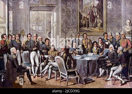 Le Congres de Vienne (1814-1815) Faisant Suite au traite de Paris en 1814. Il reunit les huit puissances mondiales et Vice a redefinir les frontieres apres la chute de l'Empire de Napoleon Ier. A la Reunion-Teilnehmer Alexandre Ier, Zar de Russie; H.R. Stewart, Castlereagh; François Joseph Ier, Empereur d'Autriche; Fréderic Guillaume III, roi de Prusse ; Karl August, Prinz de Hardenbergh ; Wilhelm von Humboldt (Guillaume de Humboldt, 1767-1835) ; Prinz de Metternich, Winneburg; comte de Nesselrode; Charles Maurice (Charles-Maurice) de Talleyrand Perigord, le Kardinal Consalvi, Kardinal se Stockfoto