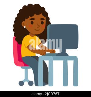 Figur, die am Schreibtisch am Computer arbeitet. Cute Cartoon Schwarzes Mädchen, Student oder Mitarbeiter. Einfache Vektorgrafik im flachen Stil. Stock Vektor