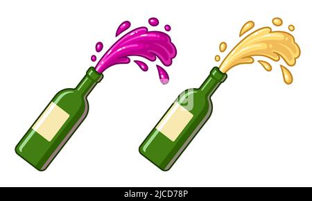 Spritzt Rotwein und Weißwein aus der Flasche. Cartoon Vektor Clip Art Illustration. Stock Vektor