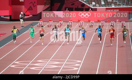 31.. JULI 2021 - TOKIO, JAPAN: Lamont Marcell Jacobs aus Italien gewinnt bei den Olympischen Spielen 100m 2020 in Tokio 9,94 die 3. Runde der Männer 1 (Foto: M Stockfoto